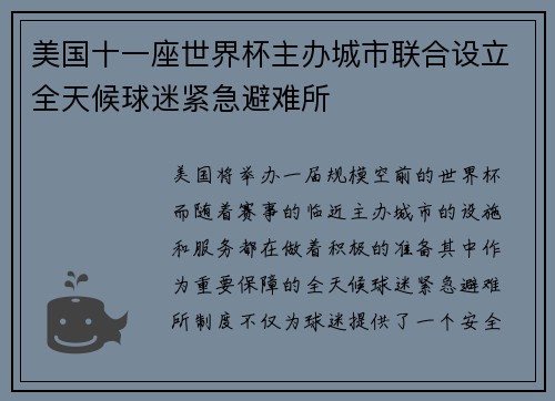 美国十一座世界杯主办城市联合设立全天候球迷紧急避难所